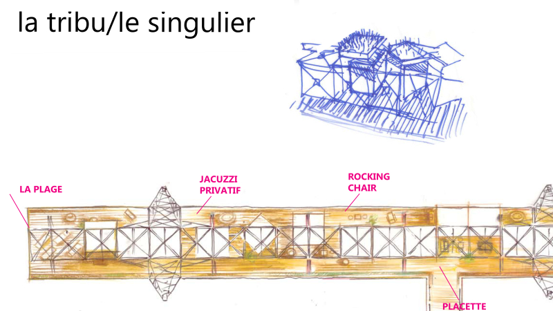 p portique métallique avec plateforme et tiny house et toit végétalisé décomposé 2