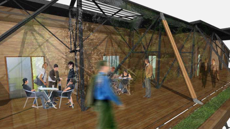 p portique métallique avec plateforme et tiny house et toit végétalisé décomposé 3