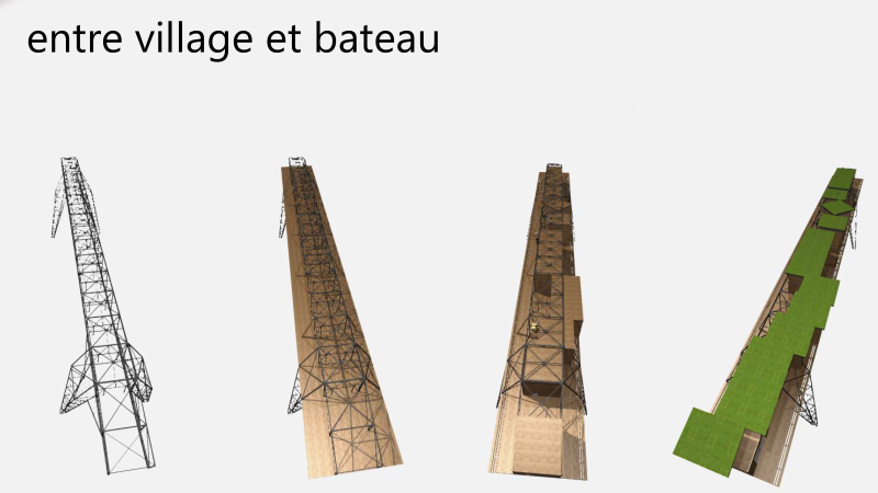 p portique métallique avec plateforme et tiny house et toit végétalisé décomposé